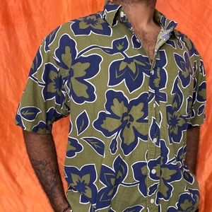 Olive and blue floral short sleeve button down